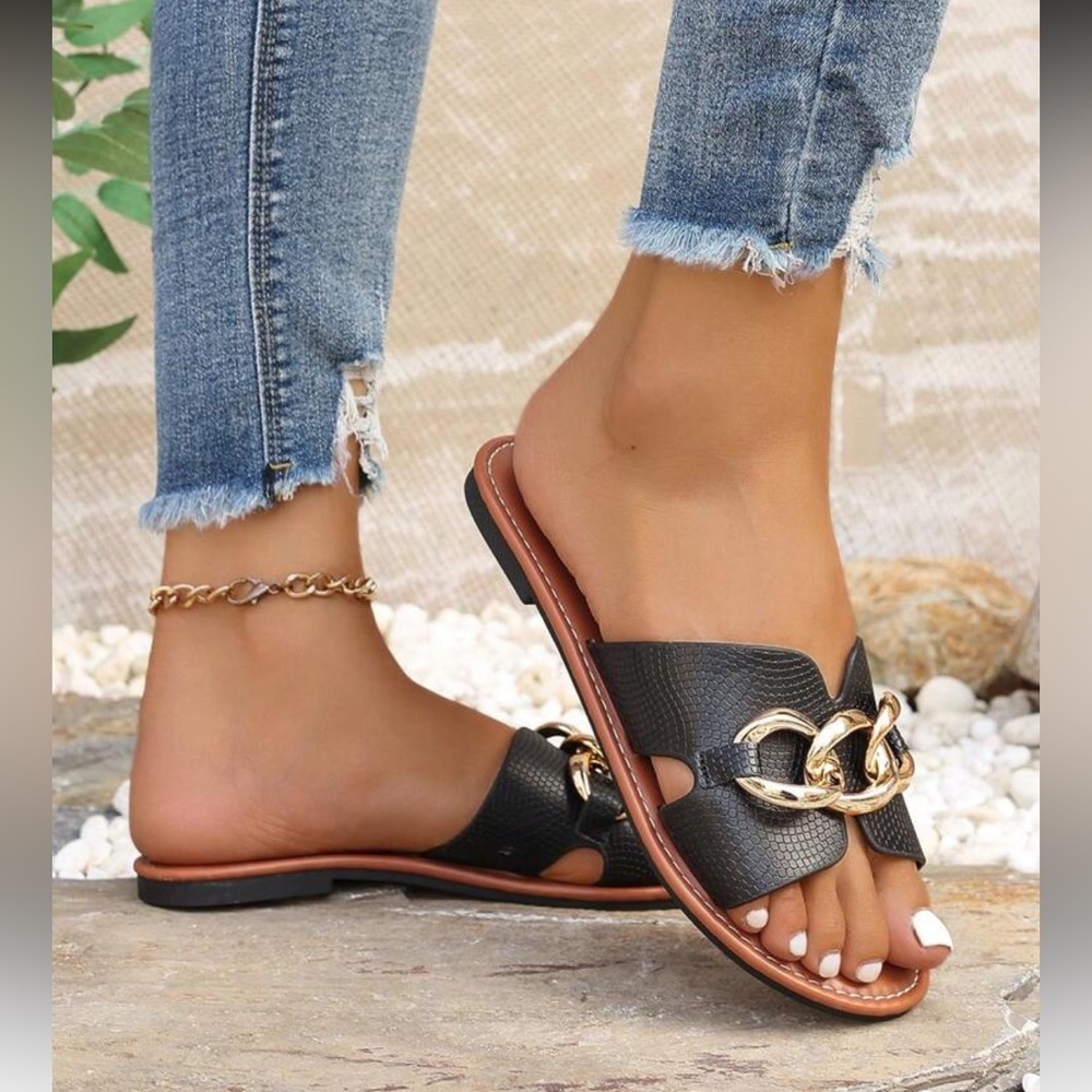 Women's Black and Gold Chain Slide Sandals - Picture 2 of 5